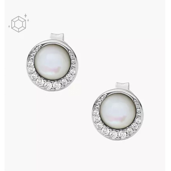 FOSSIL CRESCENT WHITE MOTHER-OF-PEARL STERLING SILVER STUD EARRINGS - Picture 1 of 7